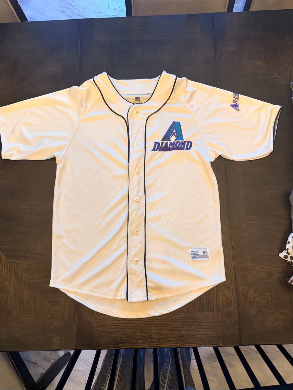 Throwback Diamondbacks White Baseball Jersey with Blue & Purple Logo
